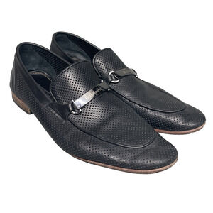 Baldinini Men 10 Loafers Black Perforated Leather Laser Cut Italy Luxury Slip-on
